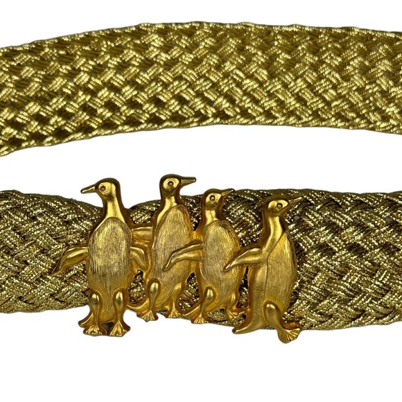 Vintage Gold Penguin Buckle Woven Belt M/L Glam Novelty Animal Regency Eclectic - Picture 2 of 6